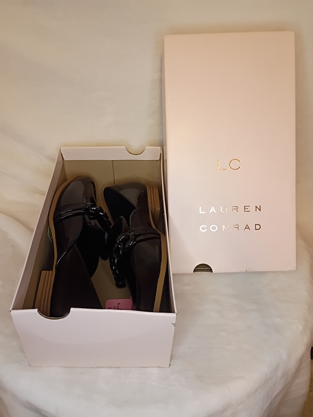Black Patent Pointed Toe Chain Loafers - Picture 12 of 13